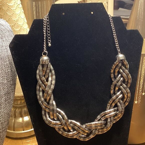 Bright and Matte Finish Silvertone Woven Choker Necklace - Picture 1 of 9
